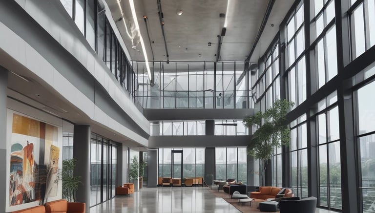 A modern office space ready for rent with bright natural light and clean design.