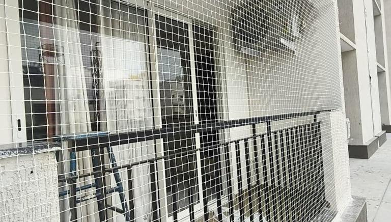 A modern apartment window fitted with a fine mesh pigeon net, showing a clear view outside.
