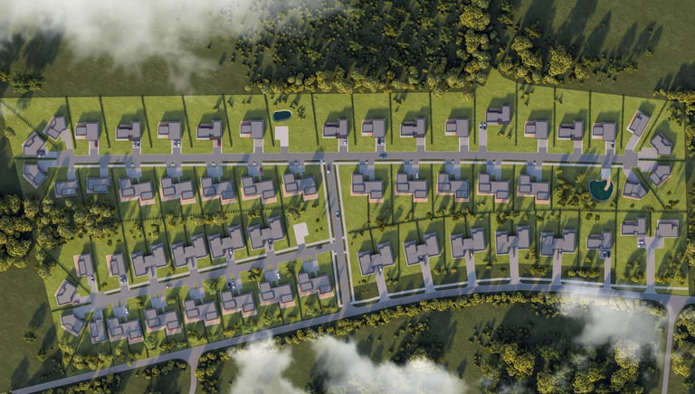 Uždaras gyvenamųjų namų kvartalas Gyrėnai iš paukščio skrydžio 