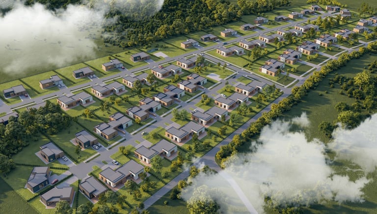 Uždaras gyvenamųjų namų kvartalas Gyrėnai iš paukščio skrydžio 