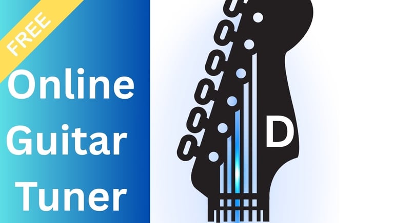 Free online guitar tuner graphic showing a guitar headstock with tuning pegs and a blue string for D note.