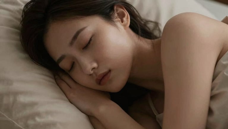Peaceful bedroom scene with soft lighting and a person sleeping comfortably.