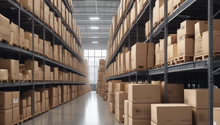 Boxes of food products being loaded into a shipping container at a port.