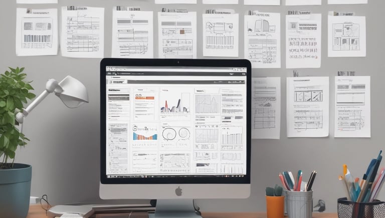 Visual of a person typing on a laptop surrounded by content icons and charts.