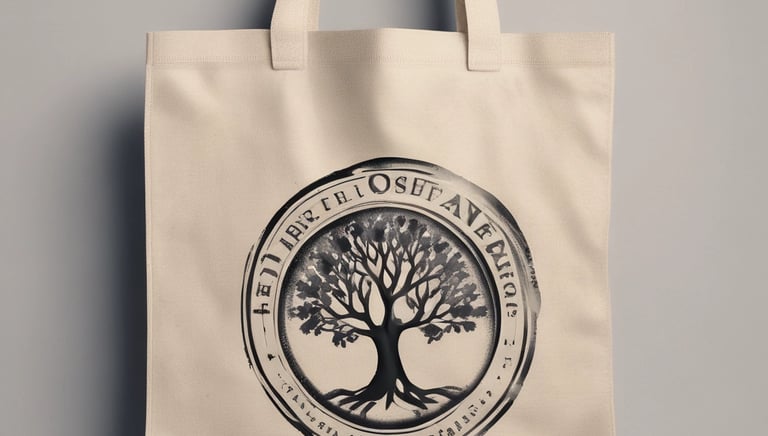 A vibrant display of custom tote bags featuring various logos and colors at a busy trade show.