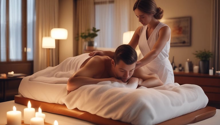 Hands performing an energy balancing massage on a man's back.