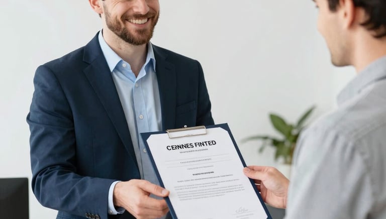 Professional receiving an official certification document in a formal office setting.