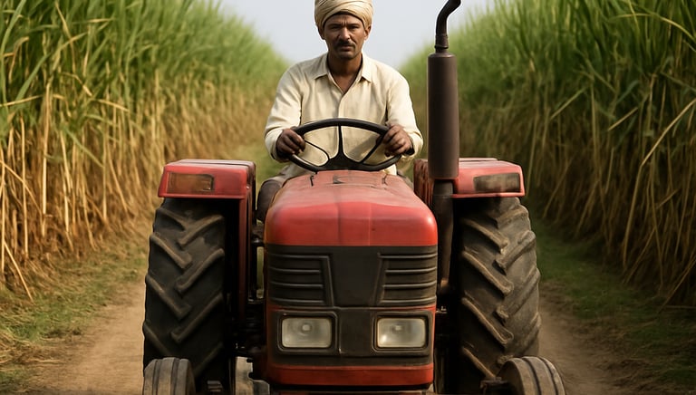 Close-up of a tractor navigating a sugarcane field with lush green horticulture crops nearby.