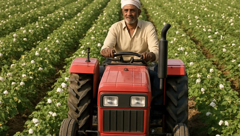 A tractor equipped with GPS guidance working through a cotton field under a clear sky.