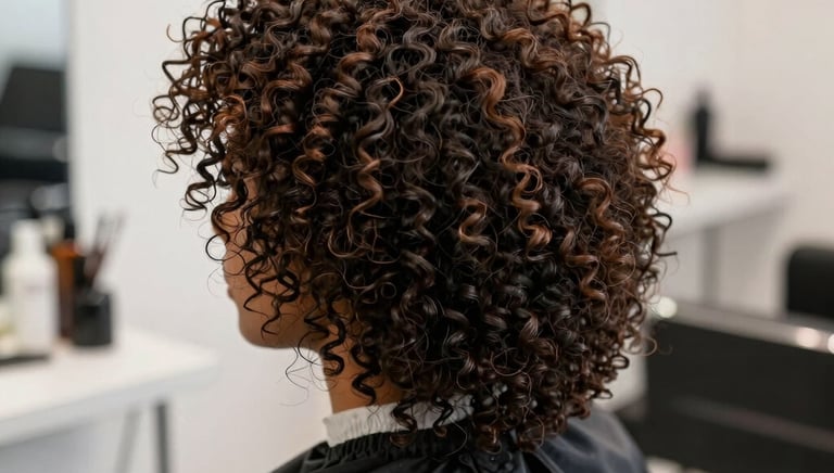 Close-up of a stylist gently shaping a client's curly hair with scissors in a bright salon.
