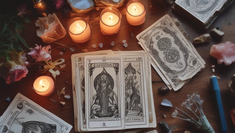 a table with tarot cards, a quartz crystal and a candle