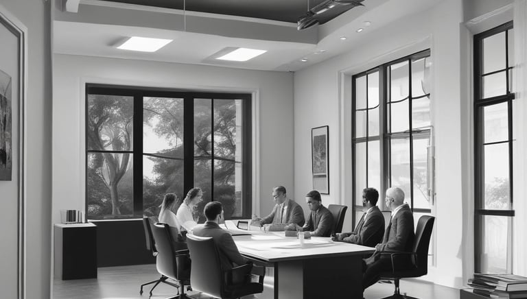 Professional meeting between project owner and agency discussing building plans.