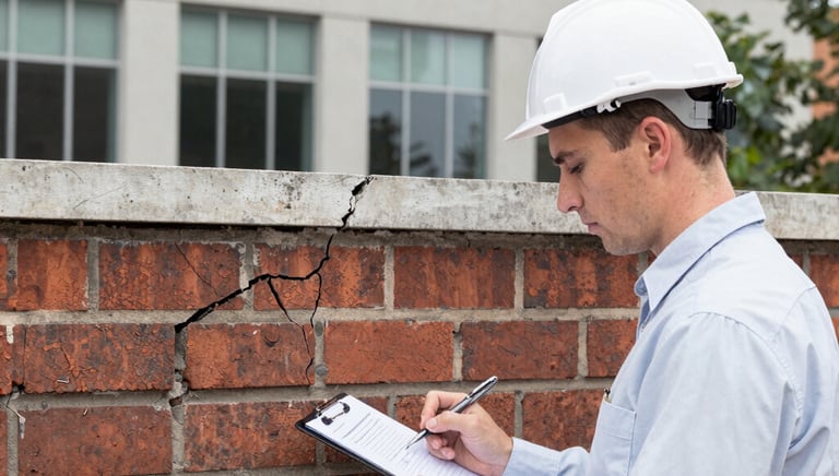 A consultant examining structural damage on a residential building with measuring tools.