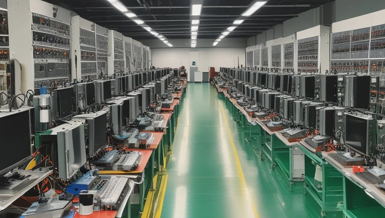 Technician calibrating advanced electronic testing equipment in an industrial setting.
