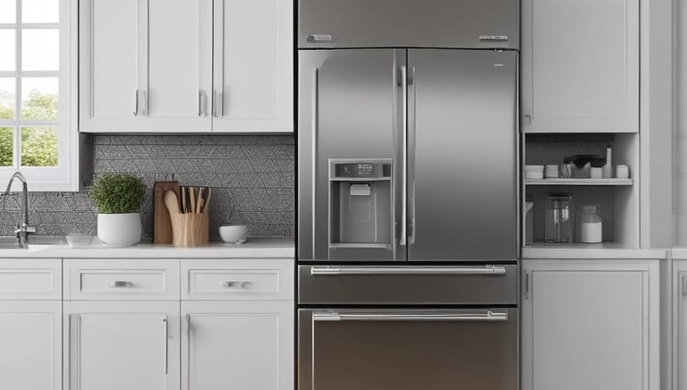 Technician fixing a sleek refrigerator in a clean, modern kitchen setting.
