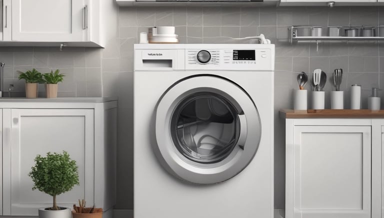 Modern washing machine being repaired by a technician in a bright kitchen.