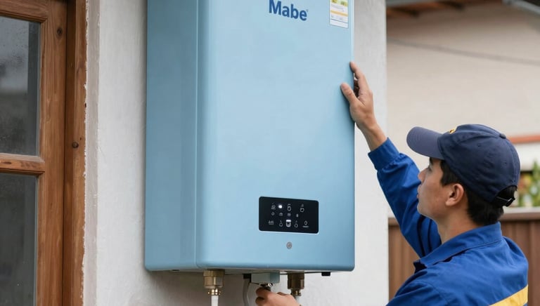 Smiling technician holding genuine Mabe replacement parts in a modern kitchen.