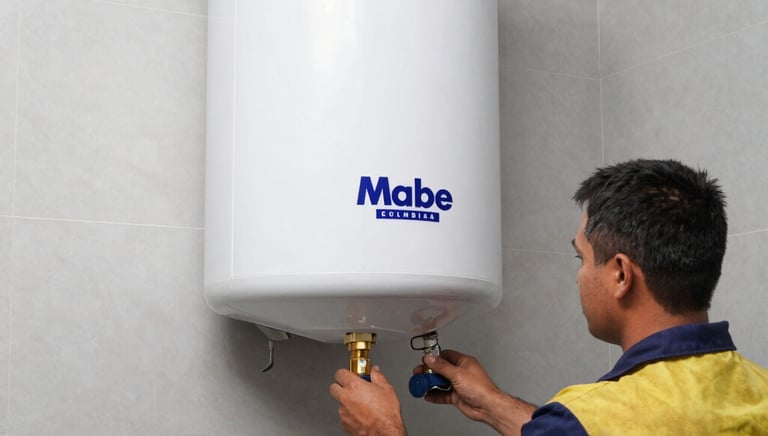 Technician inspecting a Mabe gas appliance inside a cozy Bogotá home.