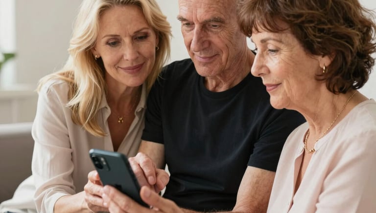 Professora ensinando o casal de senhores a utilizar seu celular