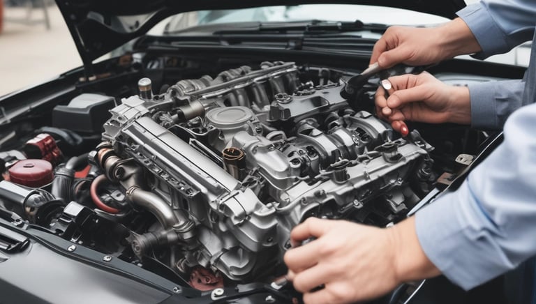 A skilled mechanic working on a car engine with tools in a clean workshop.