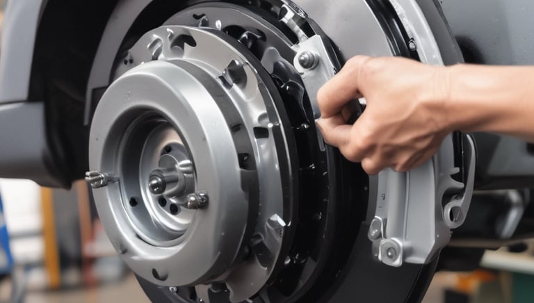 Close-up of a mechanic replacing brake pads on a vehicle.