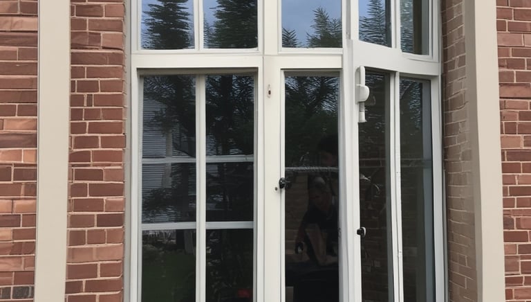 A friendly technician cleaning a large residential window with a squeegee on a sunny day.
