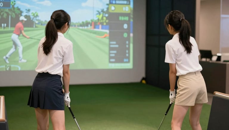 A group of friends enjoying a round on a high-tech golf simulator inside a cozy sports bar.