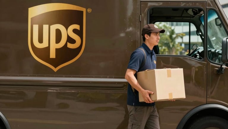 A delivery truck loaded with electronics pallets driving through a modern industrial area.