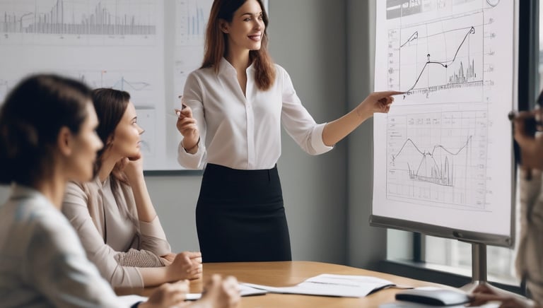 a woman in a suitt standing in front of a white board showing positive trends