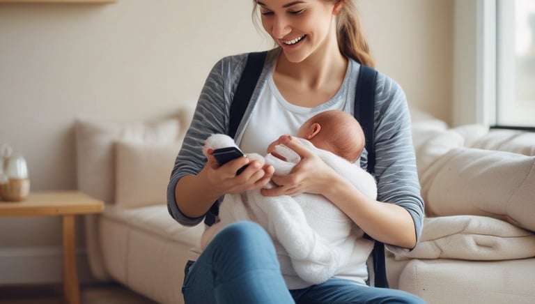 A new mother holding her newborn tenderly while reading advice on her smartphone.