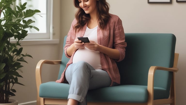 A new mother holding her newborn tenderly while reading advice on her smartphone.