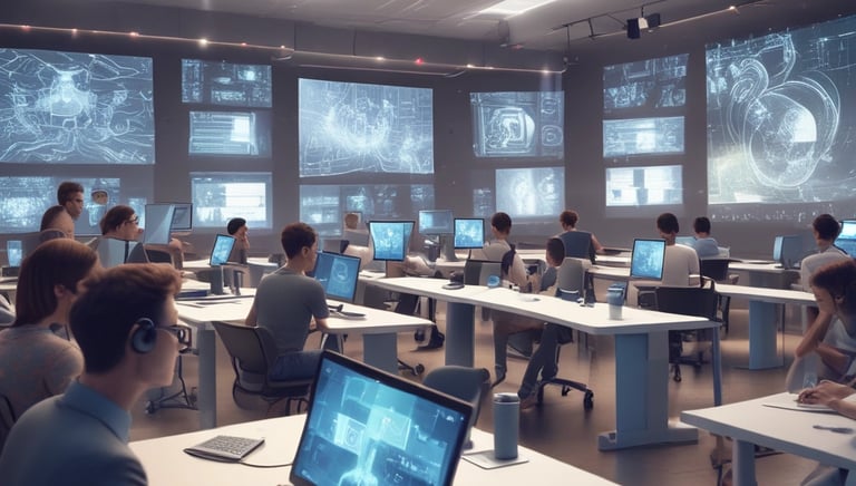 3D image of a classroom setting with students engaging in AI and ChatGPT training