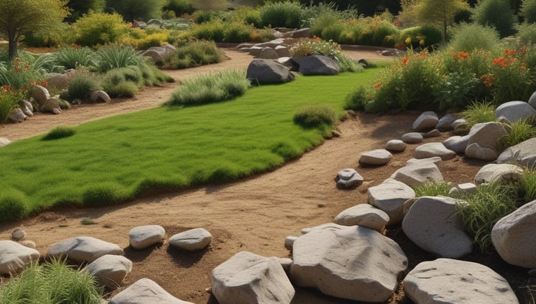 A gardener trimming shrubs in a well-maintained residential garden.