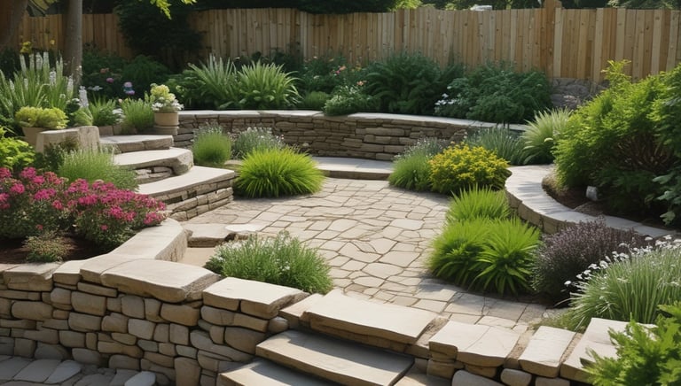 A newly constructed stone pathway winding through a landscaped garden.