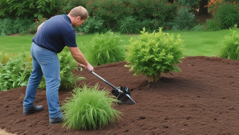 A gardener trimming shrubs in a well-maintained residential garden.