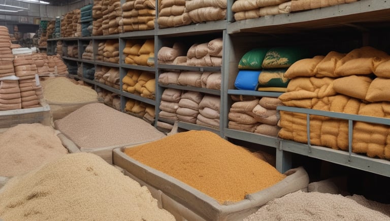 A farmer examining feed quality in a barn.