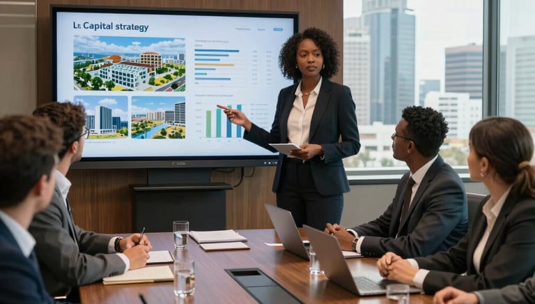 A collaborative meeting with diverse professionals discussing project plans.