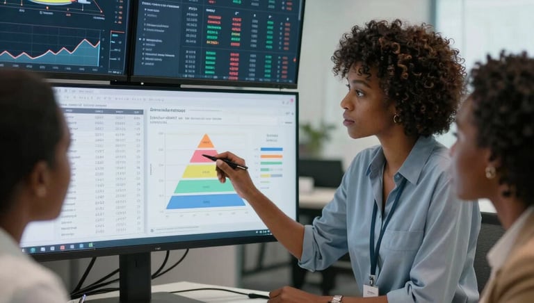 A confident businesswoman presenting financial growth charts in a modern office.