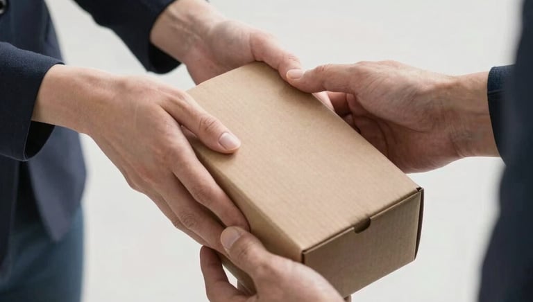 A customer happily returning a leather product in a simple, elegant packaging.