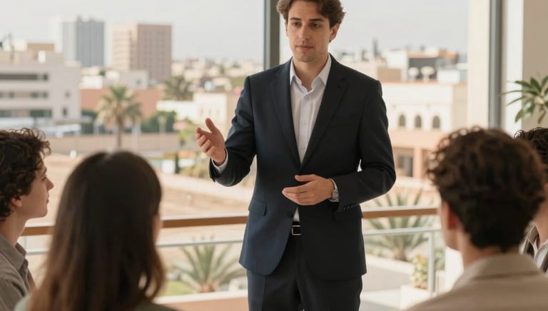 Smiling real estate agent showing premium land plots to serious investors in Tangier.