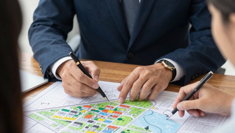 Elegant office setting with a consultant discussing land investment plans with clients.