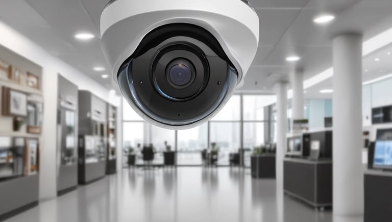 Close-up of a modern security camera mounted on a building exterior.