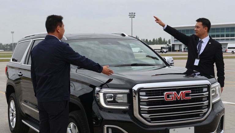 A spacious Chevrolet Suburban driving on the highway between Mecca and Medina under a clear sky.