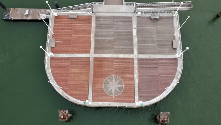 Vue aérienne d'un quai en bois semi-circulaire sur de l'eau verte avec une incrustation de rose déco