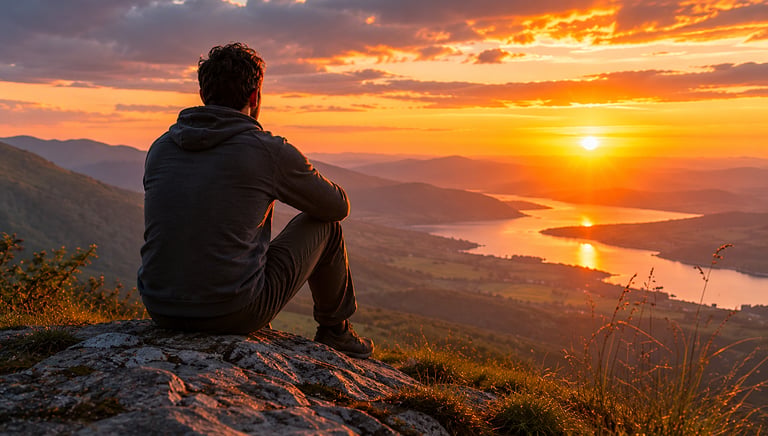 A man sits on a rocky mountain peak watching a vibrant orange sunset over a winding river valley.