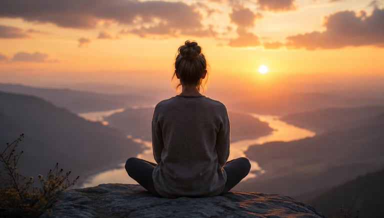 A woman practicing mindfulness meditation on a mountain peak at sunrise with a scenic valley view.