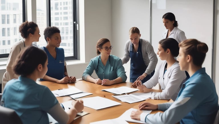 A diverse group of nurses smiling together in a hospital corridor.
