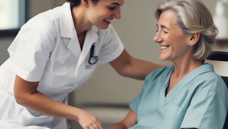 A nurse gently assisting an elderly woman in a bright, home-like setting.