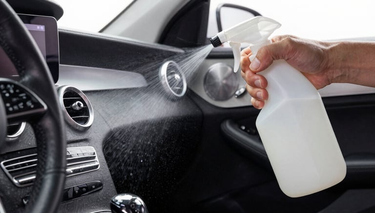 H-Town detail a professional car interior cleaner onto a luxury vehicle's dashboard for detailing.