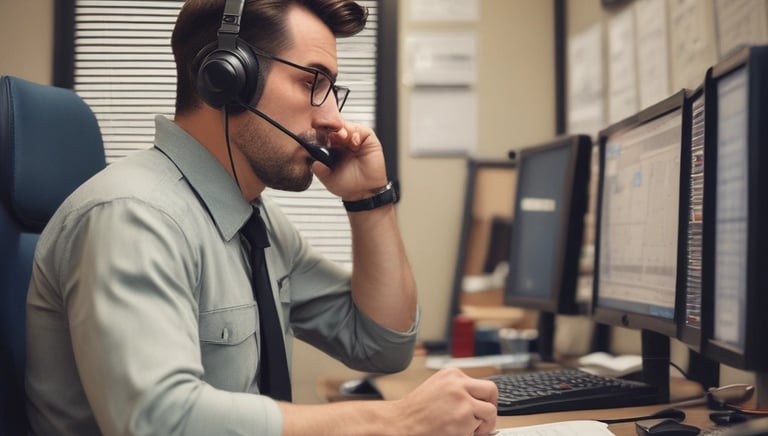 A dispatcher at a desk with multiple screens showing trucking routes and schedules.